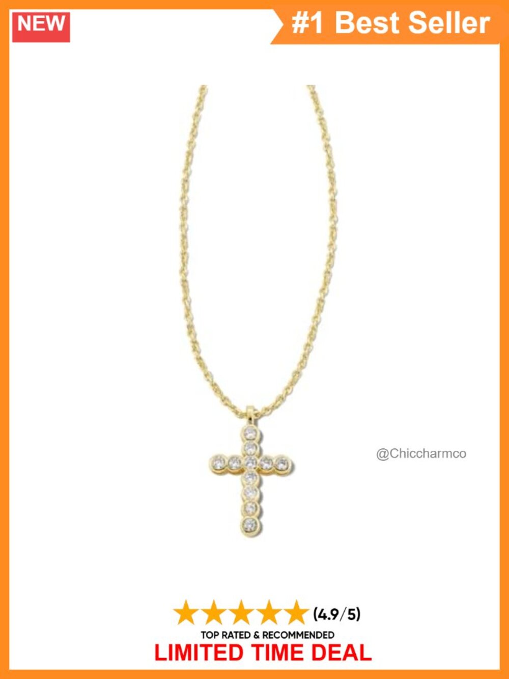 14K Gold Plated Crystal Cross Pendant Necklace Cable Chain Lobster Clasp
